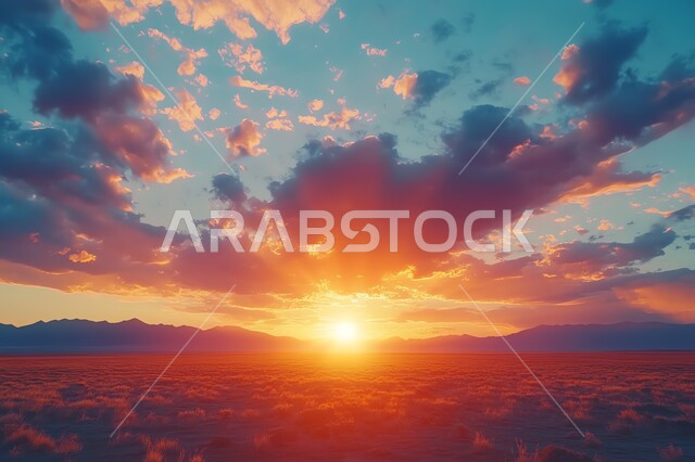 منظر السماء الميلئة بالغيوم أثناء غروب الشمس، المناظر الطبيعية والرمال الذهبية الناعمة في صحراء المملكة العربية السعودية، أماكن المغامرات السياحية والرحلات الشبابية الممتعة، التضاريس والتشكلات في المناطق الصحراوية، خلفية الطبيعة