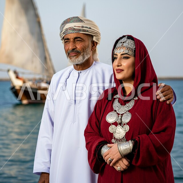 الاستمتاع بزيارة الأماكن الطبيعية، الاعتزاز بتراث سلطنة عمان، مفهوم العراقة والأصالة العربية، ارتداء الأزياء العمانية التقليدية، رجل عربي خليجي عماني يرتدي الدشداشة والعمامة وزوجته يتنزهان في شاطئ البحر، امرأة ترتدي الزي التراثي العماني وتضع الحلي الفضية