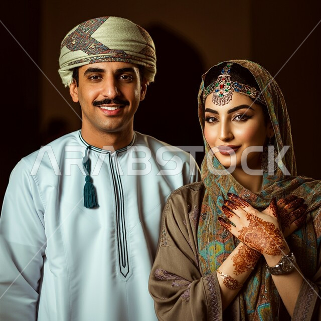 مفهوم العراقة والأصالة العربية، ارتداء الأزياء العمانية التقليدية، صورة مقربة لرجل عربي خليجي عماني يرتدي الدشداشة والعمامة برفقة زوجته ينظران للكاميرا بإيماءات البشاشة، امرأة ترتدي الزي التراثي العماني وتضع الحلي الفضية، الاعتزاز بتراث سلطنة عمان