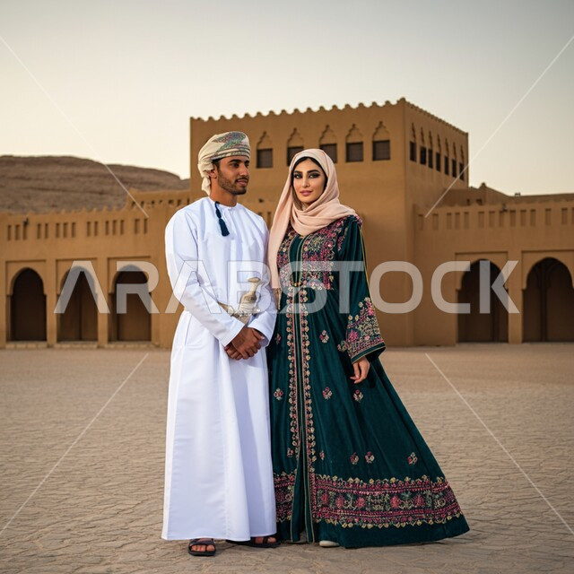 الاعتزاز بتراث وتاريخ سلطنة عمان، مفهوم العراقة والأصالة العربية، ارتداء الأزياء العمانية التقليدية، رجل عربي خليجي عماني يرتدي الدشداشة والعمامة برفقة زوجته يقفان في أحد الأماكن التاريخية، امرأة محجبة ترتدي الزي التراثي العماني، زيارة القلاح والحصون الأثرية