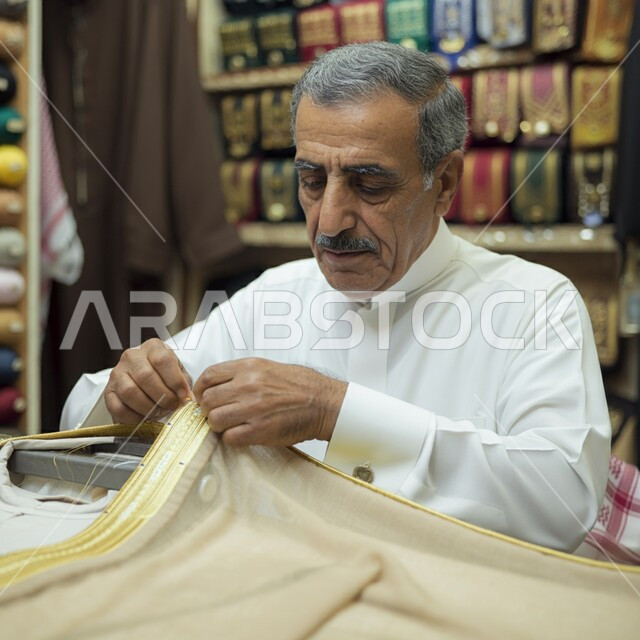 أعمال تقليدية شعبية بأيدي سعودية, مشغولات وصناعات يدوية, الفخر والتباهي بالحرف والتراث الخليجي السعودي، احتراف المهن التراثية القديمة, صورة مقربة لرجل عربي خليجي سعودي يرتدي الثوب التقليدي  يقوم بالخياطة والحياكة