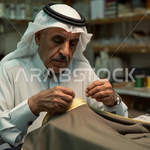 أعمال تقليدية شعبية بأيدي سعودية, مشغولات وصناعات يدوية, الفخر والتباهي بالحرف والتراث الخليجي السعودي، احتراف المهن التراثية القديمة, صورة مقربة لرجل عربي خليجي سعودي يرتدي الثوب التقليدي  يقوم بالخياطة والحياكة