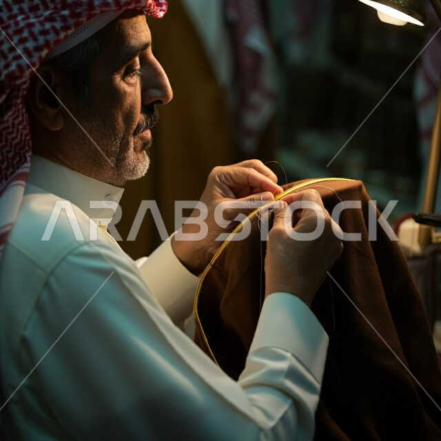 أعمال تقليدية شعبية بأيدي سعودية, مشغولات وصناعات يدوية, الفخر والتباهي بالحرف والتراث الخليجي السعودي، احتراف المهن التراثية القديمة, صورة مقربة لرجل عربي خليجي سعودي يرتدي الثوب التقليدي  يقوم بالخياطة والحياكة