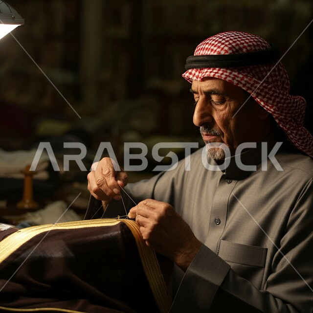 أعمال تقليدية شعبية بأيدي سعودية, مشغولات وصناعات يدوية, الفخر والتباهي بالحرف والتراث الخليجي السعودي، احتراف المهن التراثية القديمة, صورة مقربة لرجل عربي خليجي سعودي يرتدي الثوب التقليدي  يقوم بالخياطة والحياكة