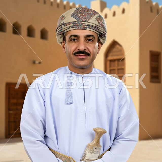 المحافظة على العراقة والأصالة باتباع العادات والتقاليد العربية، صورة مقربة لرجل عربي خليجي عماني يرتدي الدشداشه والعمامة ويضع الخنجرعلى خصره ينظر إلى الكاميرا بإيماءات الثقة بالنفس والسرور، ارتداء الأزياء التراثية العمانية