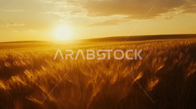 السنابل الذهبية اللامعة في النهار، الاعتماد على الإنتاج المحلي والاكتفاء الذاتي، مجموعة من الأعشاب البرية التي تتمايل مع الرياح، حقول ومزارع القمح في المملكة العربية السعودية، محاصيل زراعية وطنية