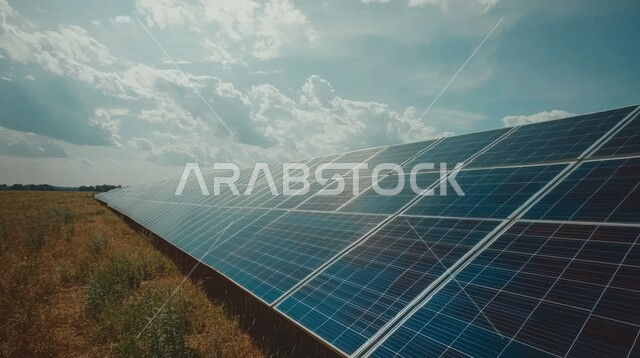 محطات الطاقات الشمسية المتجددة, منظر السماء المليئة بالغيوم البيضاء في النهار، صورة مقربة للوح الطاقة الكهروضوئية, مفهوم إنتاج الطاقة البديلة الصديقة للبيئة في المملكة العربية السعودية