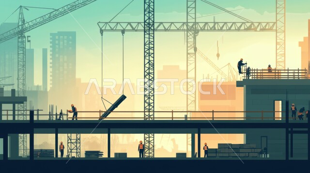 مفهوم الهندسة الانشائية والمعمارية, مبنى قيد الانشاء في المملكة العربية السعودية, أعمال البناء وصب الخرسانات ووضع الأساسات, تنفيذ مخطط الإعمار وتشكيل الهيكل المعدني, الآلات والمعدات الثقيلة والرافعات والسقالات العالية, برج تحت التشييد باستخدام الآليات الحديثة