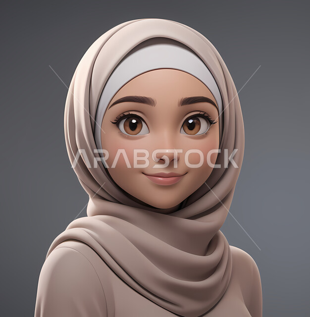 رسوم كرتونية توضيحية ثلاثية الأبعاد، مفهوم الأنوثة والنعومة والاهتمام بالمظهر الخارجي، بورتريه مقرب لامرأة عربية خليجية سعودية محجبة تنظر إلى الكاميرا بايماءات الثقة بالنفس، خلفية رمادية