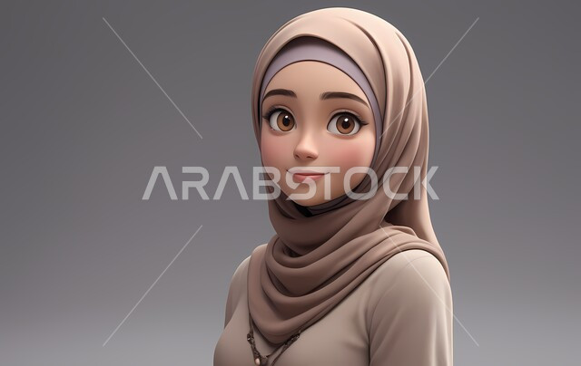 Appearance concern, 3D cartoon illustration, concept of femininity and softness, close-up portrait of veiled Saudi Arabian Gulf woman looking at camera with self-confident gestures, gray background