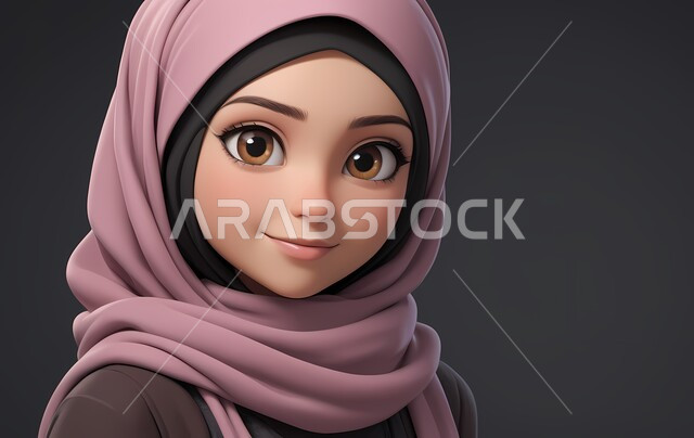 مفهوم الأنوثة والنعومة والاهتمام بالمظهر الخارجي، بورتريه مقرب لامرأة عربية خليجية سعودية محجبة تنظر إلى الكاميرا بايماءات الثقة بالنفس، رسوم كرتونية توضيحية ثلاثية الأبعاد، خلفية رمادية