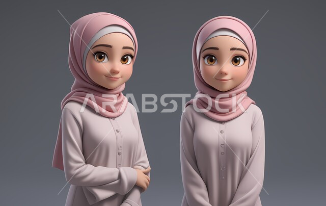 الجمال والاهتمام بالمظهر الخارجي، رسوم كرتونية توضيحية ثلاثية الأبعاد، مفهوم الأنوثة والنعومة، بورتريه لامرأتين عربيتين خليجيتين سعوديتين ترتديان الحجاب تنظران إلى الكاميرا بايماءات الثقة بالنفس، خلفية رمادية