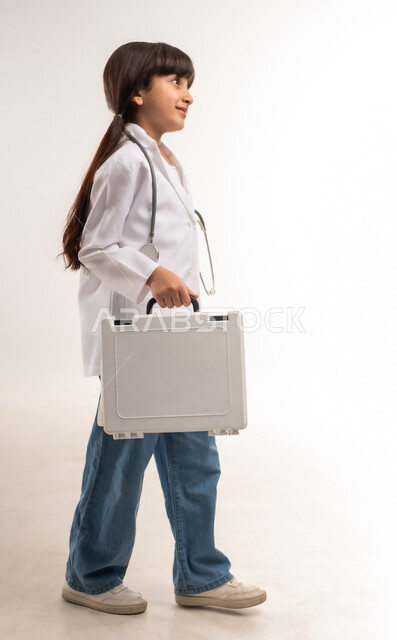 مساعدة المرضى في الحالات الطارئة، الطموحات والأهداف المستقبلية بالعمل في المستشفيات، بورتريه لفتاة عربية خليجية عمانية ترتدي المعطف الأبيض والسماعات الطبية، بنت سعودية تحمل حقيبة الاسعافات الاولية، الحلم بالحصول على مهنة الطب, الجسم بالطول الكامل، خلفية بيضاء