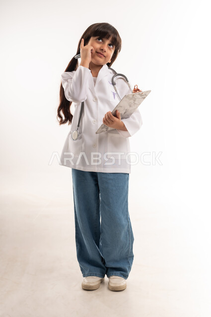 النظر للأعلى بايماءات التفكير، تسجيل نتائج الفحوصات بالسجل الطبي، الطموحات والأهداف المستقبلية بالعمل في المشافي، بورتريه لفتاة عربية خليجية عمانية مبتسمة ترتدي المعطف الأبيض وسماعة الطبيب، بنت سعودية تقوم بإعداد التقارير الطبيه، الطول الكامل للجسم، خلفية بيضاء