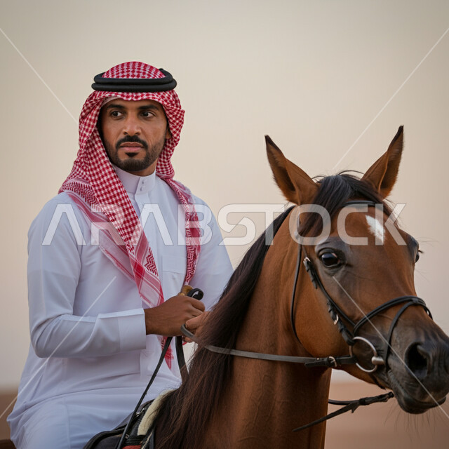 ارتباط تربية الخيول العربية بالأصالة والعراقة، رجل عربي خليجي سعودي يرتدي الثوب التقليدي والشماغ يمتطي ظهر الحصان بإيماءات السعادة والثقة بالنفس، ممارسة رياضة ركوب الخيل، تنمية مهارات الفروسية، الاهتمام والعناية بالأحصنة في محميات ومزارع المملكة 