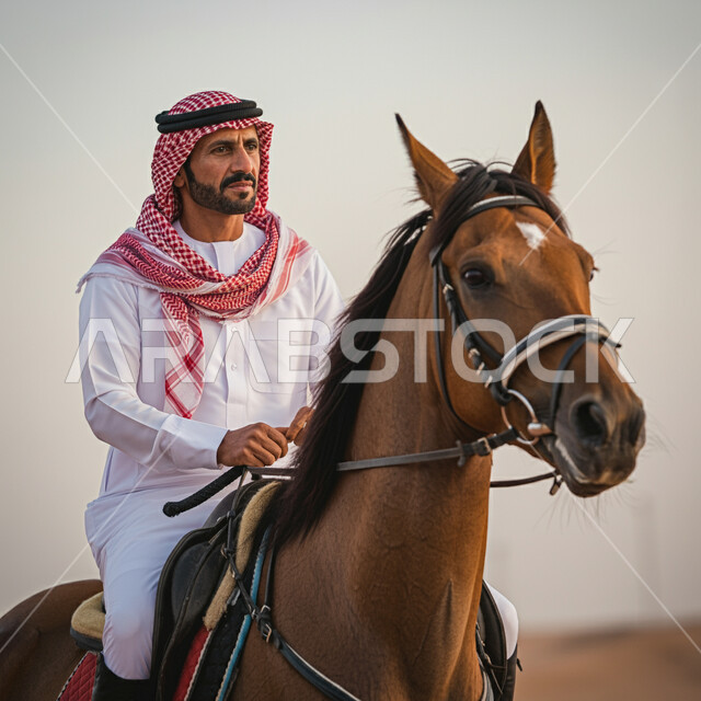 ارتباط تربية الخيول العربية بالأصالة والعراقة، رجل عربي خليجي سعودي يرتدي الثوب التقليدي والشماغ يمتطي ظهر الحصان بإيماءات السعادة والثقة بالنفس، ممارسة رياضة ركوب الخيل، تنمية مهارات الفروسية، الاهتمام والعناية بالأحصنة في محميات ومزارع المملكة 
