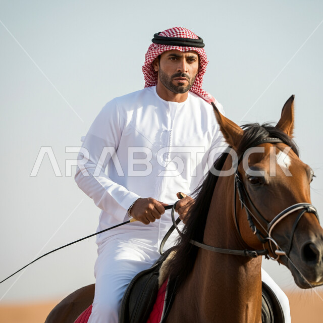 ارتباط تربية الخيول العربية بالأصالة والعراقة، رجل عربي خليجي سعودي يرتدي الثوب التقليدي والشماغ يمتطي ظهر الحصان بإيماءات السعادة والثقة بالنفس، ممارسة رياضة ركوب الخيل، تنمية مهارات الفروسية، الاهتمام والعناية بالأحصنة في محميات ومزارع المملكة 