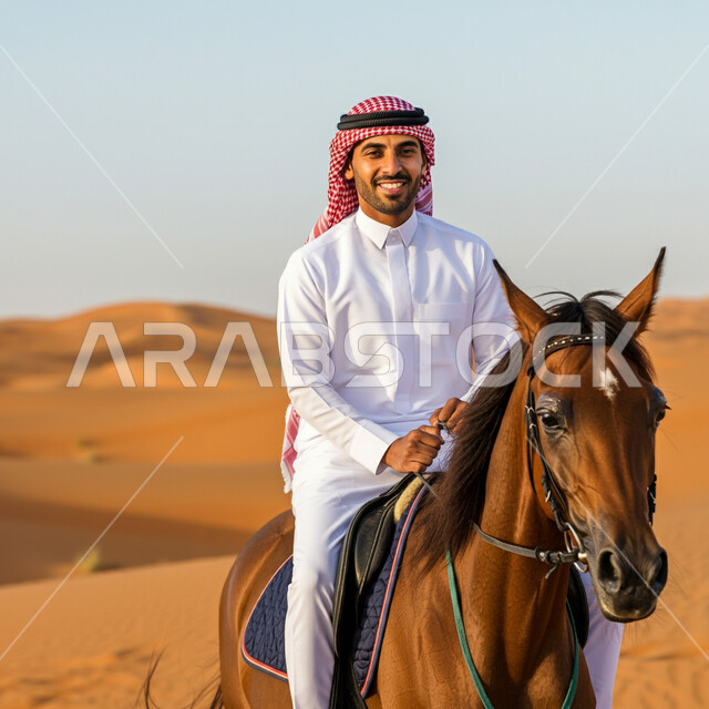 ارتباط تربية الخيول العربية بالأصالة والعراقة، رجل عربي خليجي سعودي يرتدي الثوب التقليدي والشماغ يمتطي ظهر الحصان بإيماءات السعادة والثقة بالنفس، ممارسة رياضة ركوب الخيل، تنمية مهارات الفروسية، الاهتمام والعناية بالأحصنة في محميات ومزارع المملكة 