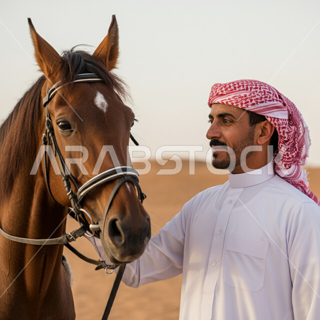 الاهتمام والعناية بالأحصنة في محميات ومزارع المملكة، ارتباط تربية الخيول العربية بالأصالة والعراقة، رجل عربي خليجي سعودي يرتدي الثوب التقليدي والشماغ يقف بجانب الحصان بإيماءات السعادة والثقة بالنفس، ممارسة رياضة ركوب الخيل، تنمية مهارات الفروسية 