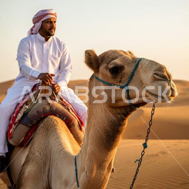 حيوانات السفر والتنقل من مكان إلى آخر في القدم، تربية الجمال في المحميات الطبيعية بالمناطق الصحراوية، رجل عربي خليجي سعودي يرتدي الثوب التقليدي والشماغ يمتطي الجمل بالصحراء، اتباع العادات والتقاليد في العناية والاهتمام بالإبل العربي بالمملكة العربية السعودية