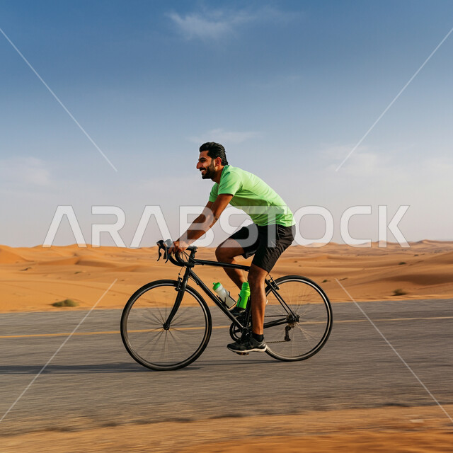 Practicing the hobby of cycling, a young Saudi Arabian Gulf man wearing a special sports outfit rides the bike and speeds down the roads, participating in competitions and contests with gestures of happiness and challenge, a physical activity to maintain health and physical fitness