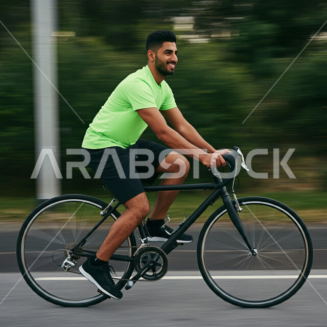 ممارسة هواية ركوب الدراجة الهوائية، شاب عربي خليجي سعودي يرتدي الزي الرياضي الخاص يركب على العجلة وينطلق بسرعة في الطرقات، المشاركة في المسابقات والمنافسات بإيماءات السعادة والتحدي، نشاط بدني للمحافظه على الصحه و اللياقه الجسديه
