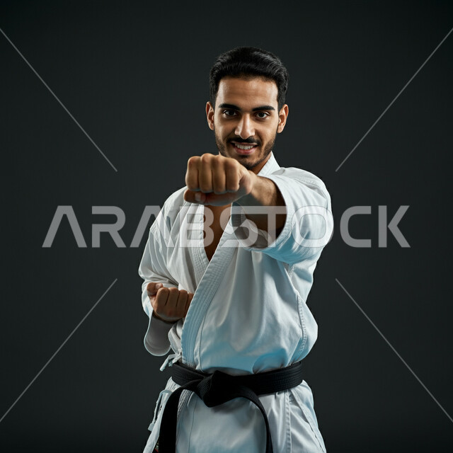 احتراف المهارات القتالية الخاصة، الاهتمام برياضة الكاراتيه في السعودية، بورتريه مقرب لشاب عربي خليجي سعودي يرتدي الزي الأبيض المخصص ذو الحزام ويقوم بالتدرب على الحركات، رياضات الألعاب الأولمبية، الانضمام لنادي رياضي والمشاركة في المنافسات العالمية، خلفية سوداء