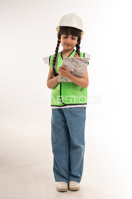 كتابة وتدوين الملاحظات والتخطيط للمشاريع، العمل في القطاع الهندسي، اختيار المستقبل منذ الصغر، بنت سعودية تكتب بالقلم بايماءات التركيز، بورتريه لفتاة عربية خليجية عمانية ترتدي الستره والخوذة تحمل بيدها اوراق خاصة بالمشروع، الطول الكامل للجسم، خلفية بيضاء