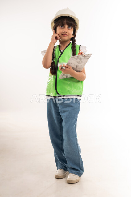 النظر للأعلى بتعابير التفكير والتخطيط، العمل في القطاع الهندسي، اختيار المستقبل منذ الصغر، بنت سعودية بايماءات الشغف لتحقيق حلم الطفولة، بورتريه لفتاة عربية خليجية عمانية ترتدي الستره وخوذة الحماية تحمل بيدها اوراق خاصة بالمشروع، الطول الكامل للجسم، خلفية بيضاء