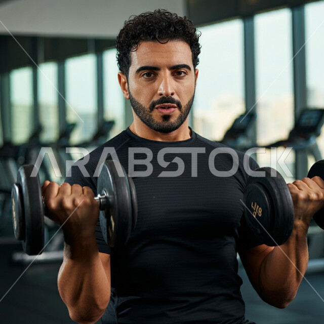 رفع الأثقال والأوزان الحديدية الثقيلة، شاب عربي خليجي سعودي يقوم بممارسة التمارين الرياضية مع حمل الدمبلز في النادي الرياضي، القيام بنشاطات بدنية مجهدة لتقوية الجسد، المحافظة على الصحة واللياقة الجسدية، كمال الأجسام وبناء العضلات، اتباع أسلوب حياة صحي