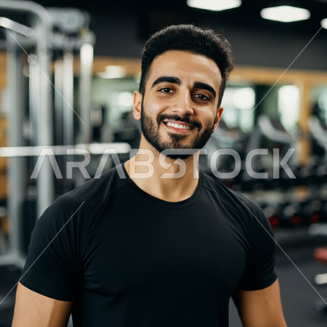 اتباع أسلوب حياة صحي، المحافظة على الصحة واللياقة الجسدية، صورة مقربة لشاب عربي خليجي سعودي ينظر إلى الكاميرا بإيماءات السعادة والثقة بالنفس، كمال الأجسام وبناء العضلات، ارتياد النادي الرياضي بشكل دوري منتظم، خلفية المعدات الرياضية في الجيم