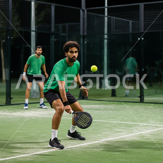 خوض المباريات والبطولات بتحدي وعزيمة، القيام بتمرينات رياضة التنس، رياضات شبابية وأنشطة ترفيهية، لاعبون شبان عربيون خليجيون سعوديون يرتدون ملابس رياضية يلعبون مباراة كرة المضرب، التدرب على إتقان لعبة البادل، تعابير وإيماءات تدل على الحماس والاندماج بالتمرين