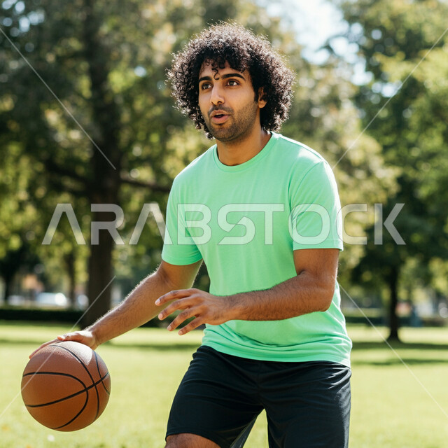 إقامة المباريات الودية التنافسية، المشاركة في البطولات والدوريات المحلية، ممارسة هواية كرة السلة, الشغف بالألعاب الرياضية, رجل عربي خليجي سعودي يرتدي زي رياضي يقوم بالتدرب على القيام بحركات جديدة بإيماءات الحماس والسعادة، أنشطة ترفيهية رياضية للشباب بالسعودية