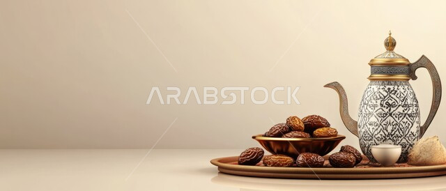 تقديم المشروبات الساخنة، صورة بانورامية لدلة قهوة عربية مع فنجان و طبق التمر، مفهوم حسن الضيافه والإستقبال، محاصيل زراعية ومنتجات محلية سعودية وطنية، وجبة غذائية عالية الأهمية، خلفية بيج