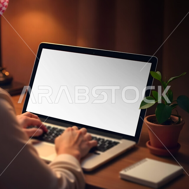 بيئة العمل في المكاتب والشركات السعودية، دمج التقنيات الحديثة بالمجال الإداري والمكتبي، صورة مقربة لايدي رجل عربي خليجي سعودي يجلس على طاولة المكتب يقوم باستخدام الحاسوب المحمول بشاشة بيضاء فارغة، إدخال البيانات والكتابة من خلال لوحة المفاتيح