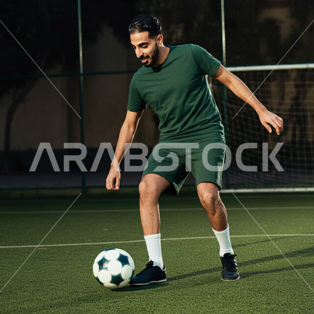 Training on grass pitches, playing friendly matches, joining local clubs in the Kingdom, taking an interest in the Saudi football league, a Saudi Arabian Gulf player wearing sportswear preparing to kick the ball with enthusiastic gestures, participating in international tournaments and competitions
