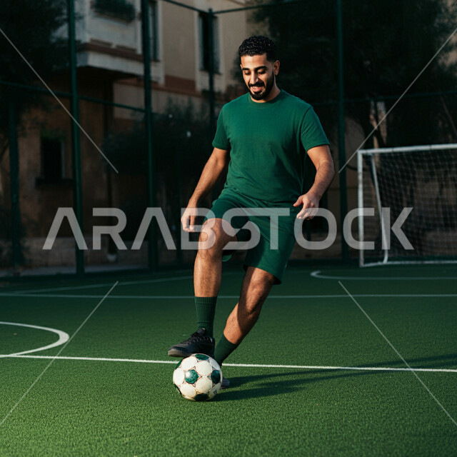 إقامة المباريات الودية، الانضمام إلى النوادي المحلية في المملكة، الاهتمام بدوري كرة القدم في السعودية، لاعب عربي خليجي سعودي يرتدي اللباس الرياضي يستعد لتسديد الكرة بإيماءات الحماس، التدرب في الملاعب العشبية، المشاركة في البطولات المنافسات العالمية