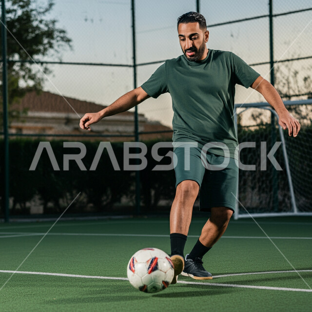 إقامة المباريات الودية، الانضمام إلى النوادي المحلية في المملكة، الاهتمام بدوري كرة القدم في السعودية، لاعب عربي خليجي سعودي يرتدي اللباس الرياضي يستعد لتسديد الكرة بإيماءات الحماس، التدرب في الملاعب العشبية، المشاركة في البطولات المنافسات العالمية