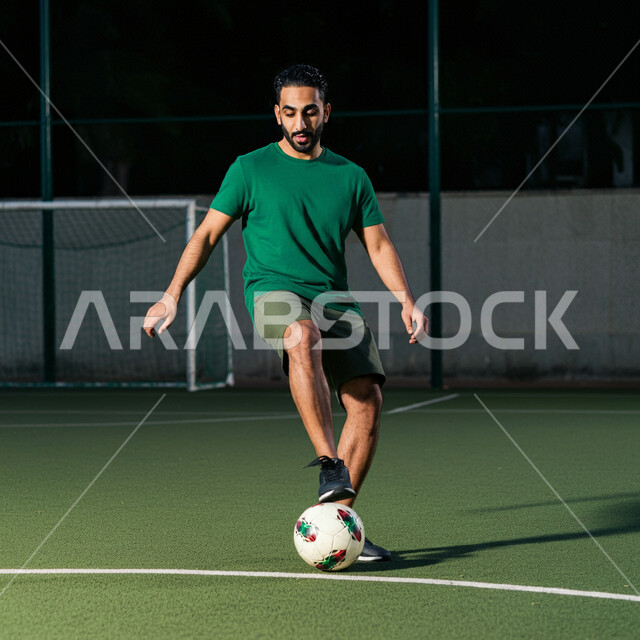 إقامة المباريات الودية، الانضمام إلى النوادي المحلية في المملكة، الاهتمام بدوري كرة القدم في السعودية، لاعب عربي خليجي سعودي يرتدي اللباس الرياضي يستعد لتسديد الكرة بإيماءات الحماس، التدرب في الملاعب العشبية، المشاركة في البطولات المنافسات العالمية