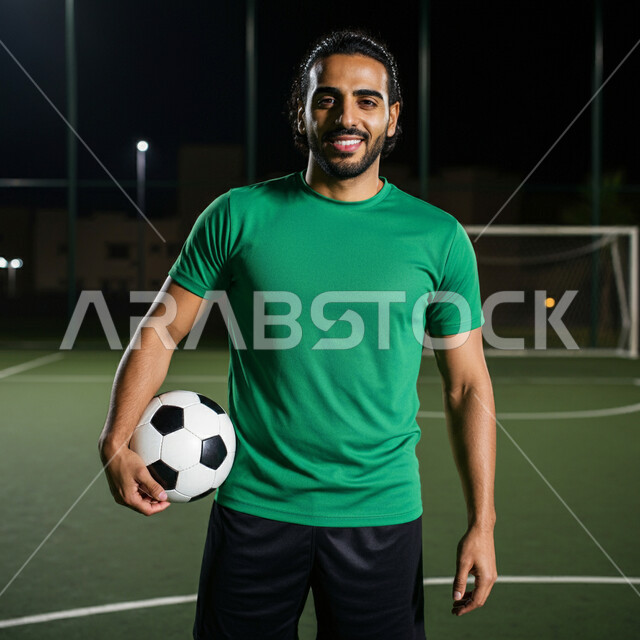 الاهتمام بالرياضة في السعودية، النظر إلى الكاميرا بإيماءات السعادة، الانضمام إلى النوادي المحلية في المملكة، لاعب عربي خليجي سعودي يرتدي اللباس الرياضي يمسك الكرة بيده، التدرب في الملاعب العشبية، إقامة المباريات الودية، المشاركة في البطولات المنافسات العالمية