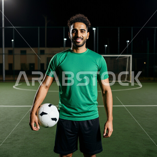 Interest in sports in Saudi Arabia, looking at the camera with happy gestures, joining local clubs in the Kingdom, a Saudi Arabian Gulf player wearing sportswear holding the ball in his hand, training on grass fields, holding friendly matches, participating in international tournaments and competitions