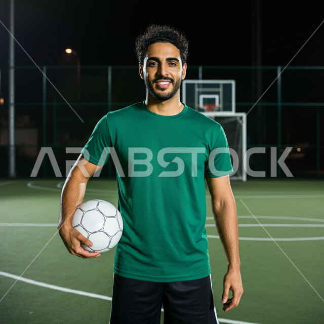 Interest in sports in Saudi Arabia, looking at the camera with happy gestures, joining local clubs in the Kingdom, a Saudi Arabian Gulf player wearing sportswear holding the ball in his hand, training on grass fields, holding friendly matches, participating in international tournaments and competitions