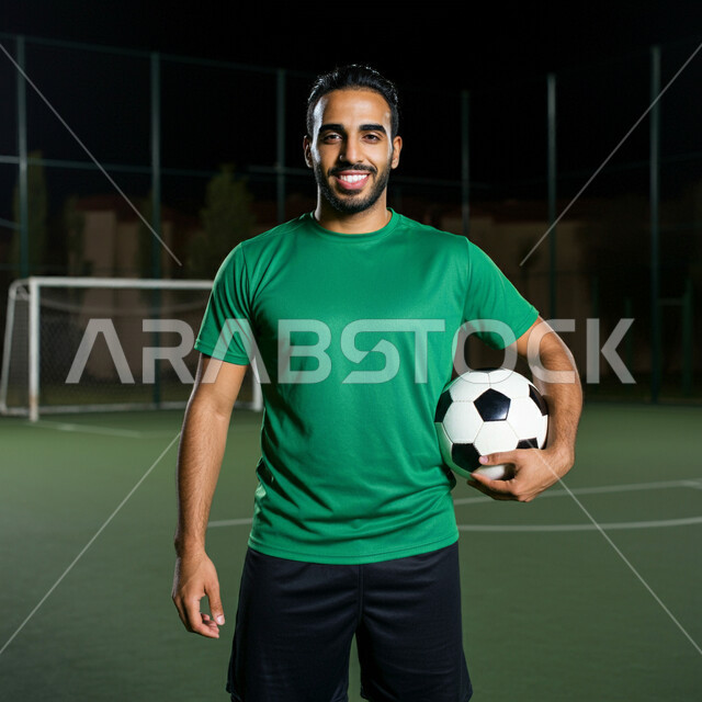 الاهتمام بالرياضة في السعودية، النظر إلى الكاميرا بإيماءات السعادة، الانضمام إلى النوادي المحلية في المملكة، لاعب عربي خليجي سعودي يرتدي اللباس الرياضي يمسك الكرة بيده، التدرب في الملاعب العشبية، إقامة المباريات الودية، المشاركة في البطولات المنافسات العالمية