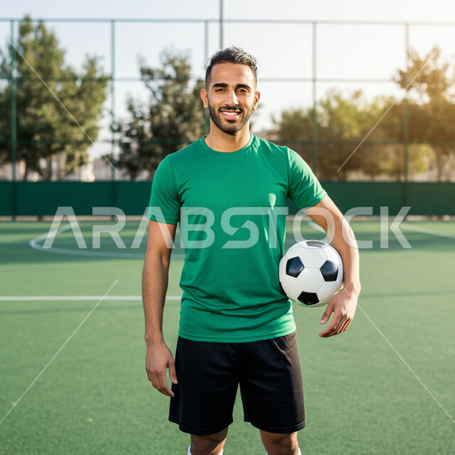 النظر إلى الكاميرا بإيماءات السعادة، الاهتمام بالرياضة في السعودية، الانضمام إلى النوادي المحلية في المملكة، لاعب عربي خليجي سعودي يرتدي اللباس الرياضي ويمسك الكرة بيده، التدرب في الملاعب العشبية، إقامة المباريات الودية، المشاركة في البطولات المنافسات العالمية