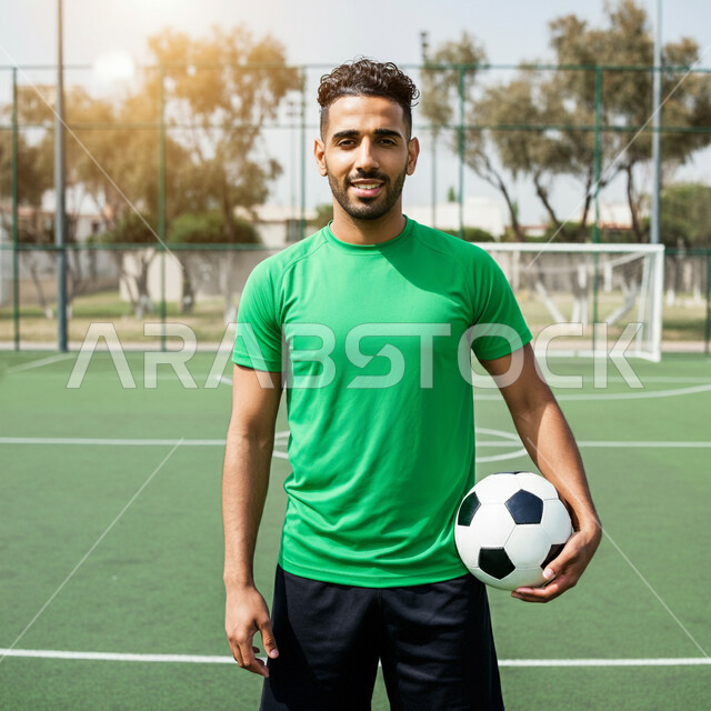 النظر إلى الكاميرا بإيماءات السعادة، الاهتمام بالرياضة في السعودية، الانضمام إلى النوادي المحلية في المملكة، لاعب عربي خليجي سعودي يرتدي اللباس الرياضي ويمسك الكرة بيده، التدرب في الملاعب العشبية، إقامة المباريات الودية، المشاركة في البطولات المنافسات العالمية