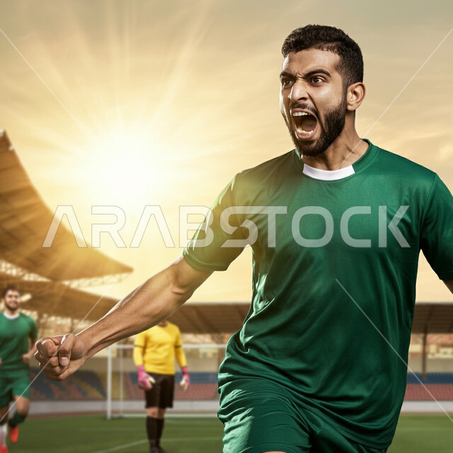 المشاركة في البطولات المنافسات العالمية، الاهتمام بدوري كرة القدم في السعودية، الانضمام إلى النوادي المحلية في المملكة، لاعب عربي خليجي سعودي يرتدي اللباس الرياضي يحتفل بتسجيل الهدف بإيماءات السعادة والسرور، التدرب في الملاعب العشبية، إقامة المباريات الودية