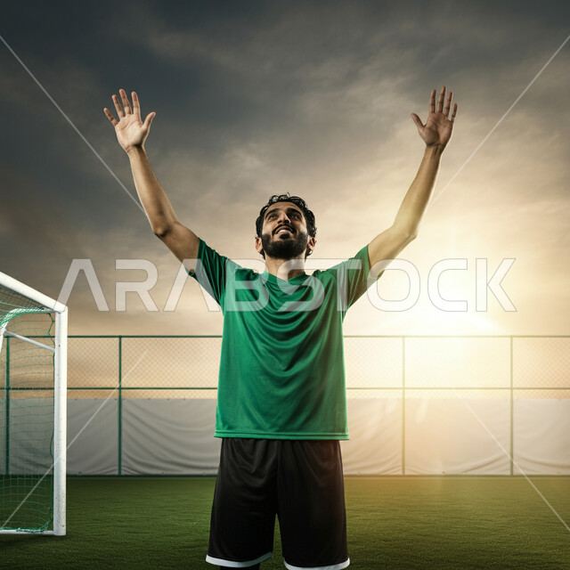 المشاركة في البطولات المنافسات العالمية، الاهتمام بدوري كرة القدم في السعودية، الانضمام إلى النوادي المحلية في المملكة، لاعب عربي خليجي سعودي يرتدي اللباس الرياضي يحتفل بتسجيل الهدف بإيماءات السعادة والسرور، التدرب في الملاعب العشبية، إقامة المباريات الودية