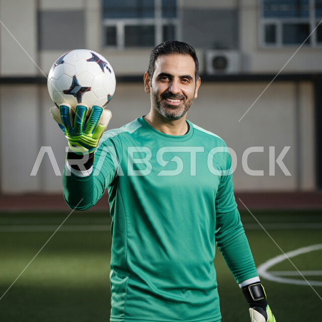 احتراف التصدي للتسديدات القوية، المشاركة في البطولات المنافسات العالمية، الاهتمام بدوري كرة القدم في المملكة العربية السعودية، حارس مرمى عربي خليجي سعودي يرتدي اللباس الرياضي والقفازات يمسك بالكرة وينظر للكاميرا بإيماءات السعادة، إقامة المباريات الودية