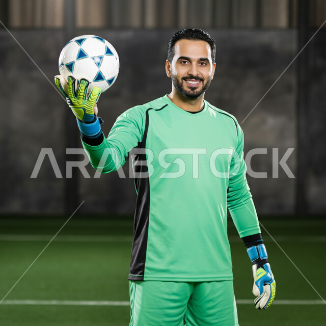 احتراف التصدي للتسديدات القوية، المشاركة في البطولات المنافسات العالمية، الاهتمام بدوري كرة القدم في المملكة العربية السعودية، حارس مرمى عربي خليجي سعودي يرتدي اللباس الرياضي والقفازات يمسك بالكرة وينظر للكاميرا بإيماءات السعادة، إقامة المباريات الودية