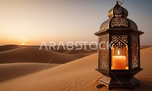 الاستعداد لاستقبال شهر رمضان المبارك, إضاءة و زينة الاعياد والمناسبات الدينية، الكثبان الرملية والبيئة الصحراوية في المناطق البرية في المملكة العربية السعودية, فانوس معدني مزخرف وسط الرمال في وقت النهار
